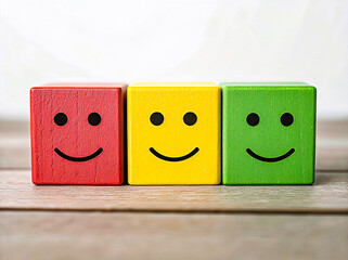 Smiley face blocks on display. Three colorful wooden blocks
