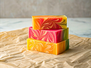 Stack of Colorful Handmade Soap Bars on Beige Wrinkled Paper