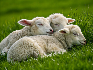 Three lambs sleeping together on green grass