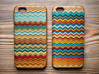 Two Wooden Phone Cases with Colorful Geometric Wave Design