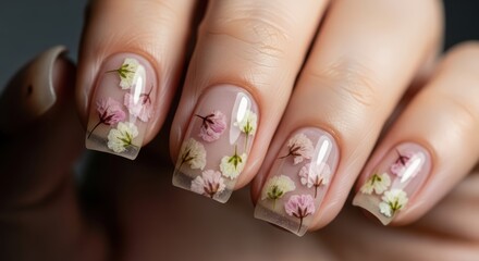 Elegant floral nail art on short manicured fingernails with a glossy finish