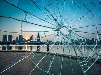 Vertical shattered glass abstract background with reflective shards, chaotic but stylish pattern, cool tones with light effects