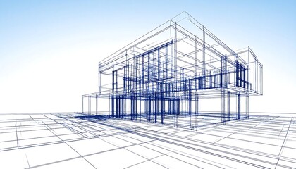 Blueprint outline of a modern building on a grid plane against a light blue sky background