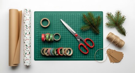 Christmas Gift Wrapping Supplies on Cutting Mat with Pine Sprigs tape