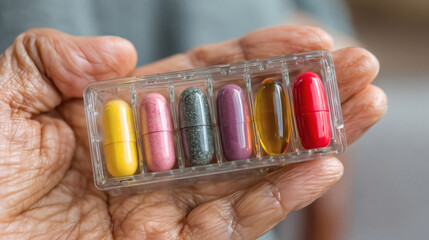 Elderly hand holding colorful daily medication organizer for health and wellness routine aging gracefully