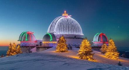 Obraz premium Observatory domes decorated with christmas lights on a snowy hill at twilight sky