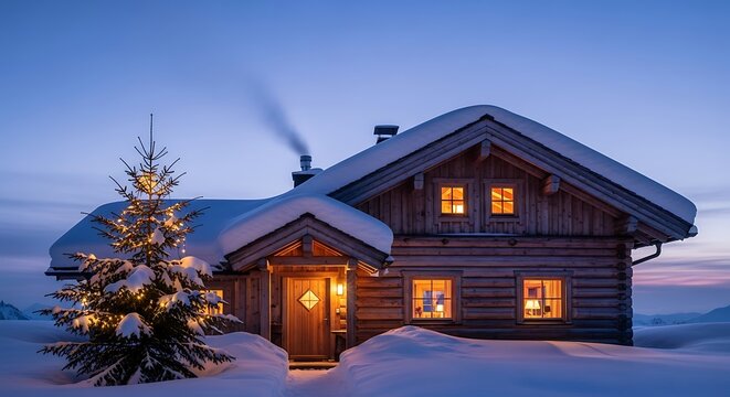 Cozy Snow Covered Log Cabin with Christmas Tree at Twilight winter