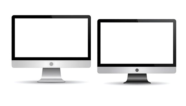 Two sleek, modern computer monitors side-by-side, featuring bright white screens and metallic silver stands on a white background - Powered by Adobe