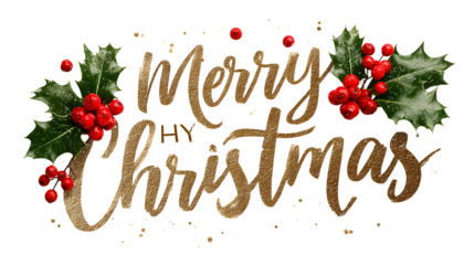 Classic Merry Christmas PNG with holly leaves, berries, and golden typography isolated on white background