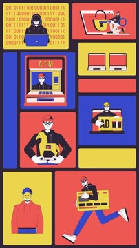 Financial cybercrimes and digital thief animated bento grid layout. Fake login. Stolen credit. Spam adware 2D animation flat cartoon ui collage design. Vertical 4K video motion graphic collection