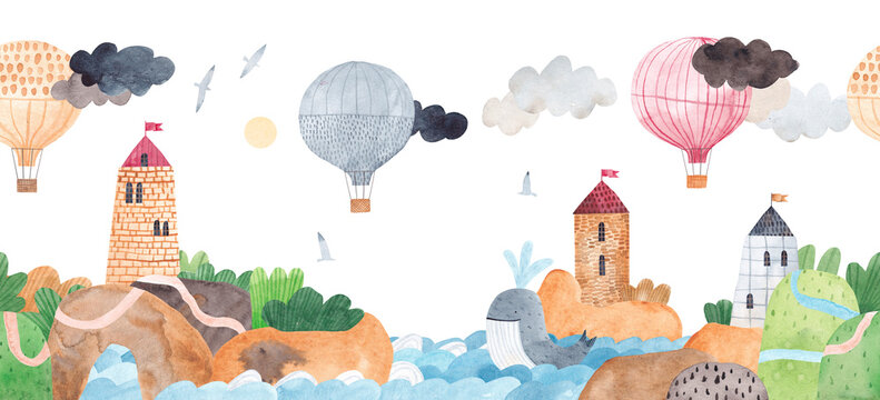 Hand drawn landscape, hills, lake, clouds and ballon, birds. Watercolor illustration. Children's horizontal poster. Horizontal border. Seamless pattern.