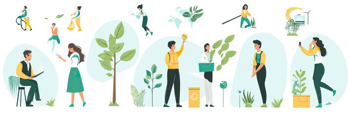 Sustainable living concept with diverse people engaging in planting trees recycling composting and caring for nature in flat minimalist style vector illustration