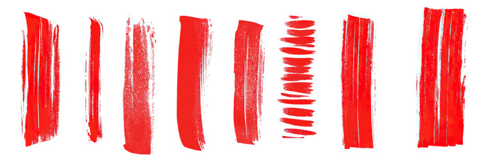 Set of hand drawn red brush stroke paint lines in various shapes and textures for design and illustration accents vector elements collection