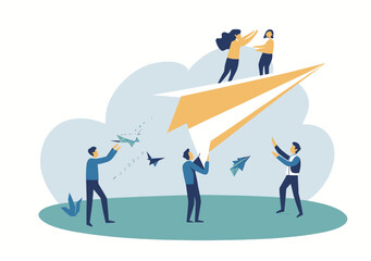 Obraz premium Business team launching large paper plane with colleagues standing on it symbolizing leadership, support, collaboration, and success in flat vector style