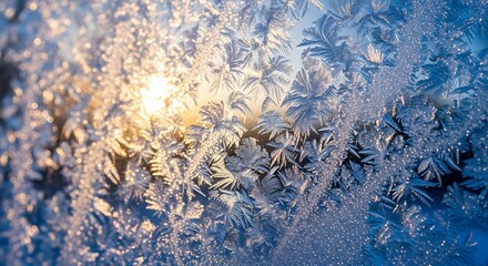 Intricate ice patterns on a window pane with sunlight.