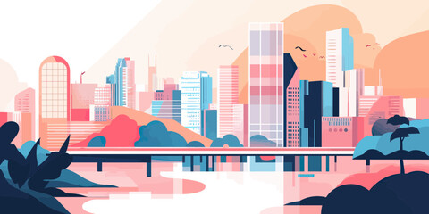 Modern city skyline with skyscrapers reflecting in river and surrounding green trees during sunrise in minimalist flat style vector illustration