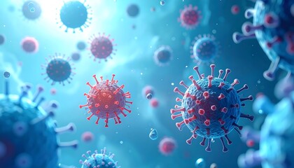 Blue-toned image of coronavirus particles floating against a blurred background, with red spikes and globular shapes