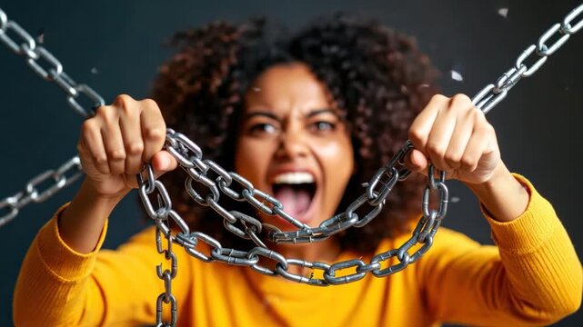 A woman strains, pulling apart chains, displaying intense emotion. Dark background, yellow clothing