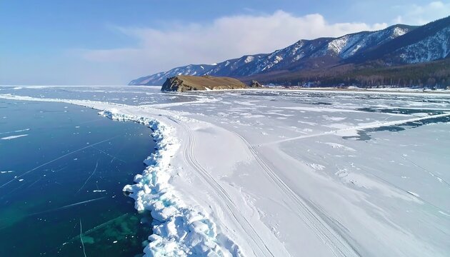 Aerial view of frozen Lake Baikal in winter with snow-covered landscape and blue sky