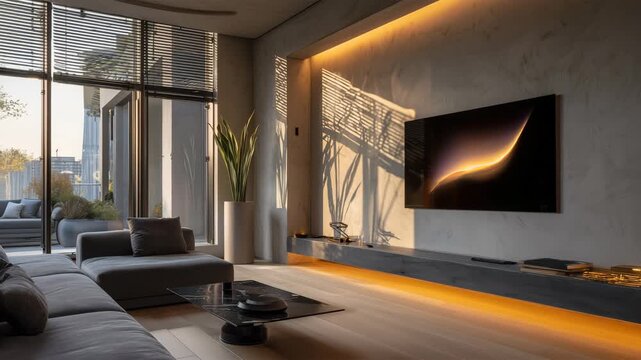 ミニマルなスマートホームのリビングで壁面OLEDが浮かぶ未来感