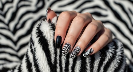 Obraz premium Elegant black and white zebra nail art on fabric background