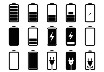 Battery charging indicator icons showing energy levels and power supply in silhouette for eco tech and electric vehicles