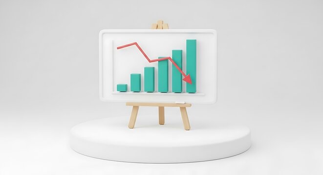3d bar chart with red downward trend arrow displayed on an easel against a white background