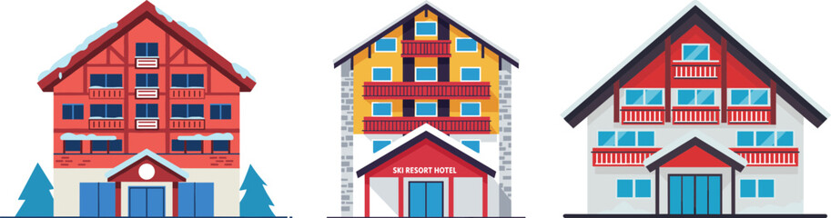 Three colorful houses with distinct architectural styles and designs  