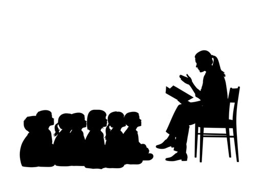 Story time silhouette featuring teacher reading to children, perfect for educational content and designs for school projects