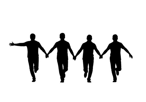 Dynamic silhouette of diverse team running together, symbolizing collaboration and success, forward movement, teamwork