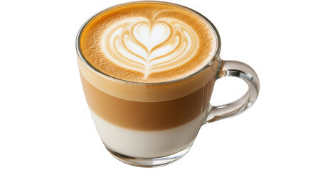 Layered latte coffee with heart art in clear mug isolated on transparent background