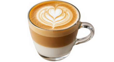 Layered latte coffee with heart art in clear mug isolated on transparent background