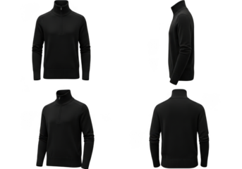 Four views of a black mock neck long sleeve shirt displayed on transparent background