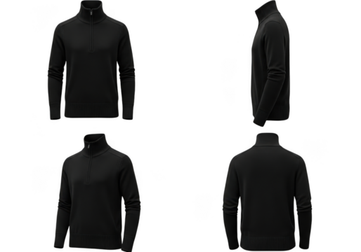 Four views of a black mock neck long sleeve shirt displayed on transparent background