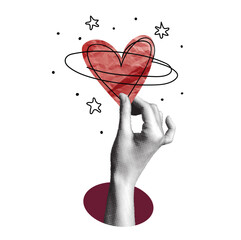 Hand holds a red heart surrounded by orbital lines and stars. A modern vector collage with a halftone hand and abstract elements. A love and romance concept.