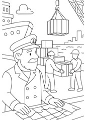 coloring book ship captain planning cargo route at harbor