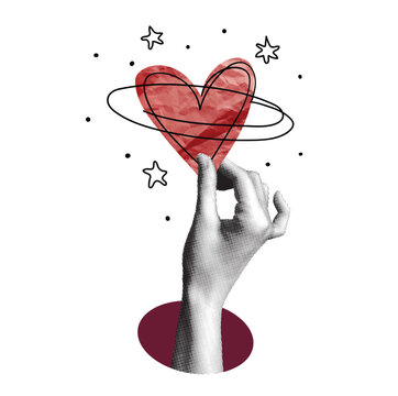 Hand holds a red heart surrounded by orbital lines and stars. A modern vector collage with a halftone hand and abstract elements. A love and romance concept.