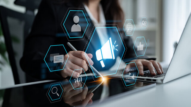 Digital marketing promotion strategy using megaphone, social media marketing, digital ads video content, communication, analytics, and global branding advertisement for business outreach Latch