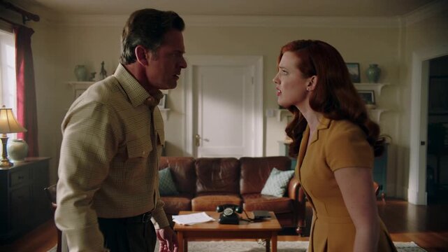 A static camera captures two people arguing in a dim living room lit by tungsten lamps. The air is hazy, and colors bleed slightly. Cinematic live-action, grainy texture, vintage 1970s film tone.