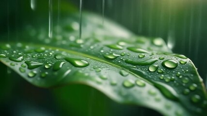 A vibrant green leaf glimmers with sparkling droplets of morning dew during a soft, refreshing rain shower