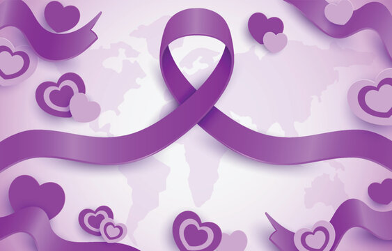 Purple ribbon awareness with hearts a symbol of support for various causes on a world map background