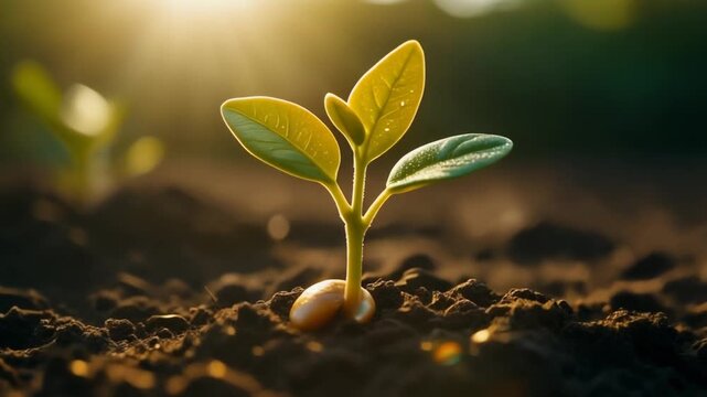 A close-up view of a young green seedling sprouting from fertile soil, reaching for the warm morning sunlight, symbolizing new beginnings