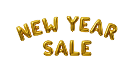 Golden foil balloons spelling out new year sale isolated on transparent background