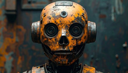 Close-up of a rusty, vintage robot head with circular eyes, against a distressed metal background
