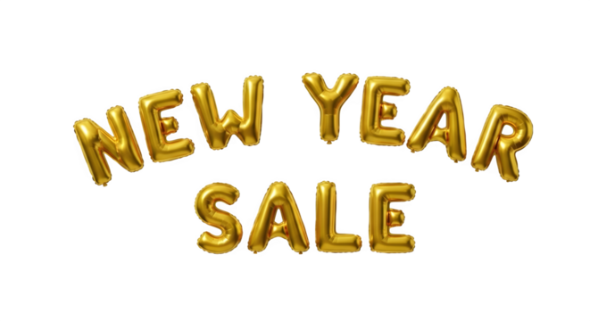 Golden foil balloons spelling out new year sale isolated on transparent background