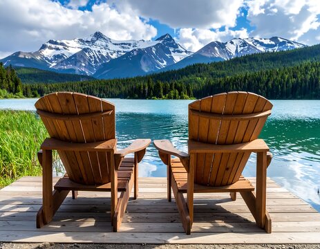 Two wooden chairs sit facing a serene lake and majestic snow-capped mountains under a partly cloudy sky. Green trees line the lake