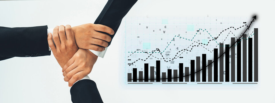 This image features hands joining together to symbolize collaboration and partnership in a business context, along with a graph indicating growth trends. Axiom