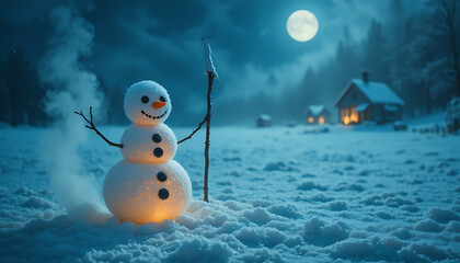Whimsical snowman with glowing eyes and a stick stands in a snowy winter landscape under a full moon with a cozy cabin in the background