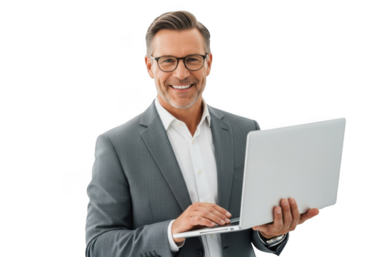 Smiling businessman wearing glasses holding a laptop and working professionally transparent background - Powered by Adobe