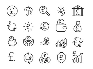 pound line icons collection. Grow and safe. Great Britain money. Economy chart emblems set. Vector stock illustration